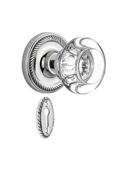 Rope Rosette Mortise-Lock Set with Round Crystal Glass Knobs in Polished Chrome.